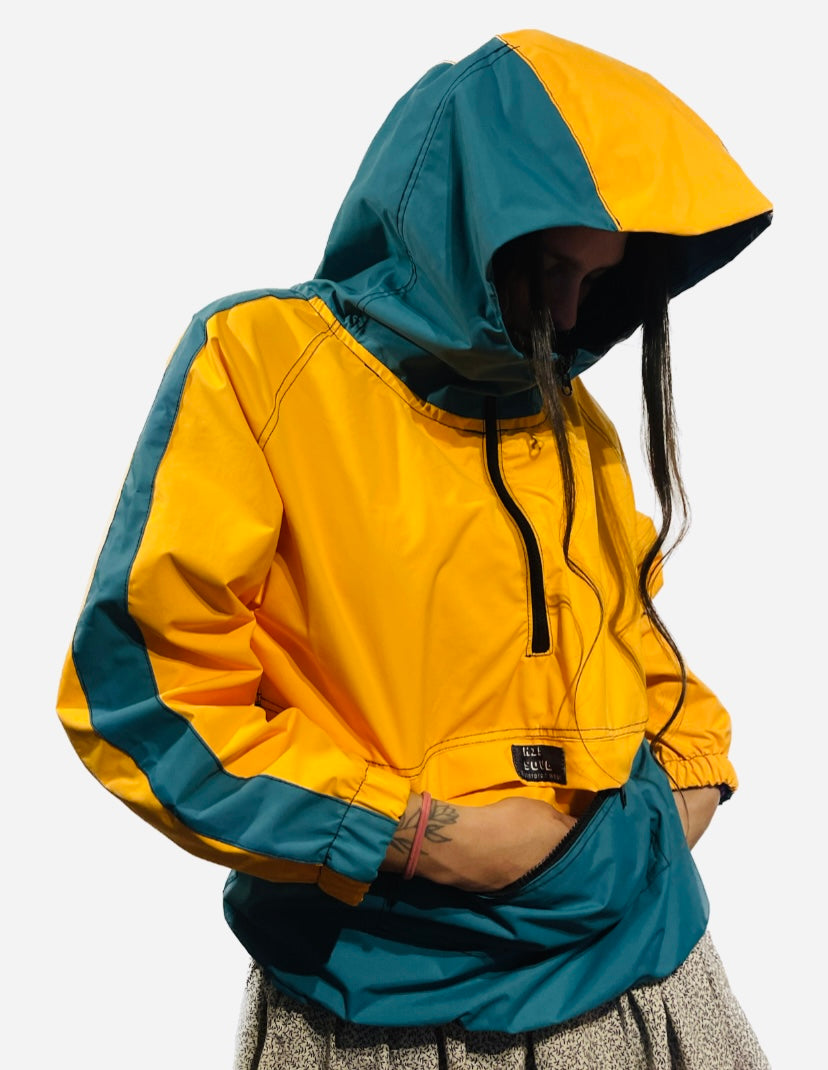 Emerald green & yellow waterproof jacket women